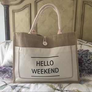 NWOT HELLO WEEKEND Burlap & Canvas Weekender Bag